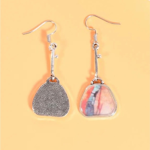 Pink Pastel Striped Art Deco Abstract Nature Glass Boho Silver Droplet Earring - Picture 4 of 4